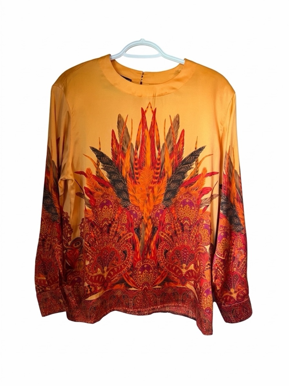VINTAGE Escada Silk Long Sleeve Blouse Orange Red Feather Paisley Print Size Med